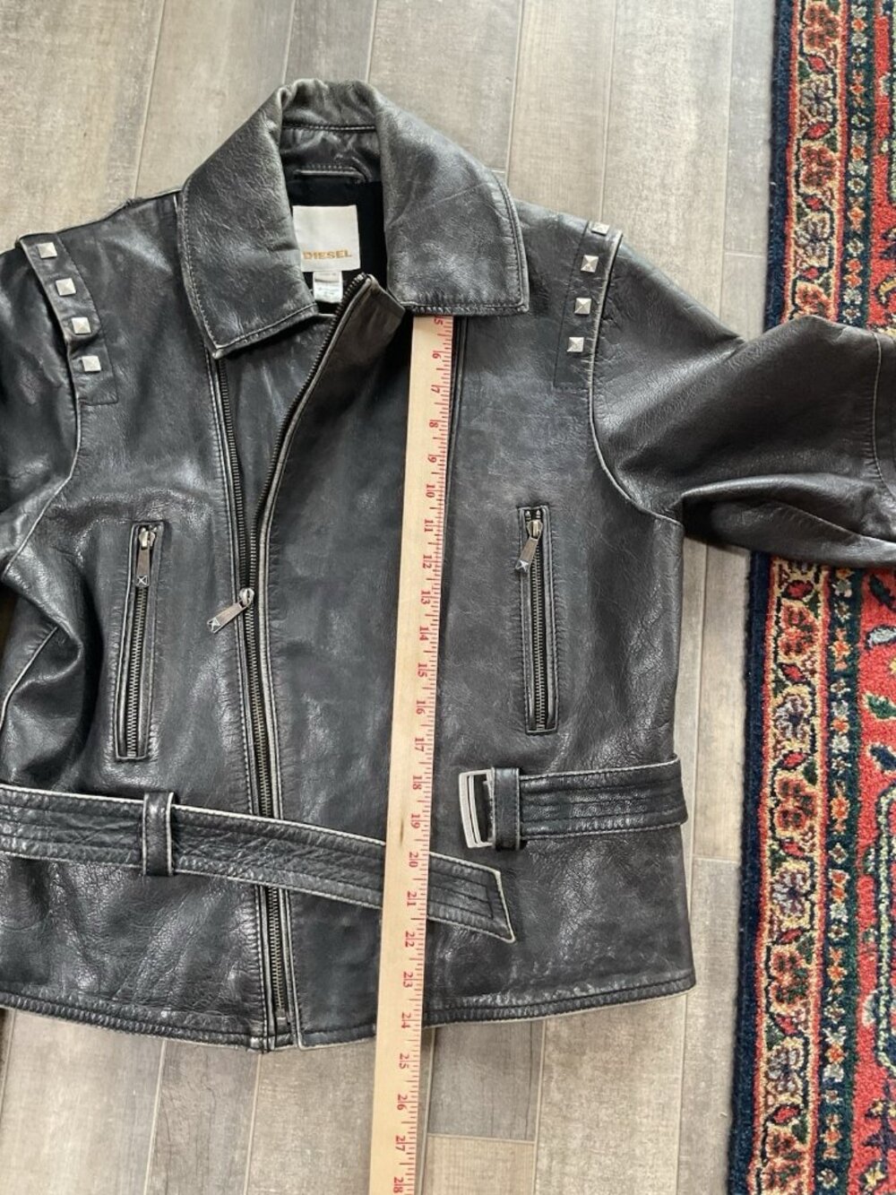Diesel Goat Leather Moto Biker Jacket Studded Belted Black Gray Womens MED Y2K - Picture 4 of 15